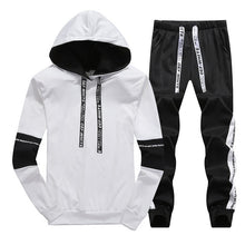 Load image into Gallery viewer, Conjuntos de treino dos homens outono inverno com capuz moletom drawstring outfit 2019 masculino terno pulôver duas peças conjunto casual