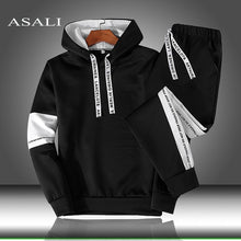 Load image into Gallery viewer, Conjuntos de treino dos homens outono inverno com capuz moletom drawstring outfit 2019 masculino terno pulôver duas peças conjunto casual
